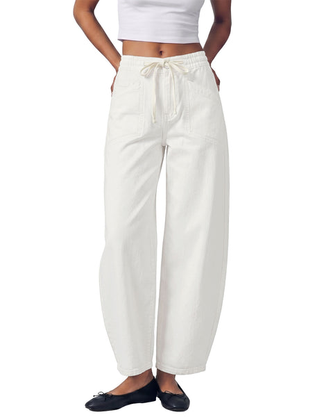 GRAPENT Barrel Jeans for Women High Waisted Elastic Waist Baggy Denim Pants | Barrel Leg, Ankle Length, Stretchy Drawstring Jeans, High Rise Fit, 27.5" Inseam, Front Patch Pockets, Dressy Casual Outfits