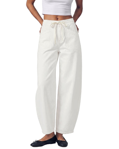 GRAPENT Barrel Jeans for Women High Waisted Elastic Waist Baggy Denim Pants | Barrel Leg, Ankle Length, Stretchy Drawstring Jeans, High Rise Fit, 27.5" Inseam, Front Patch Pockets, Dressy Casual Outfits
