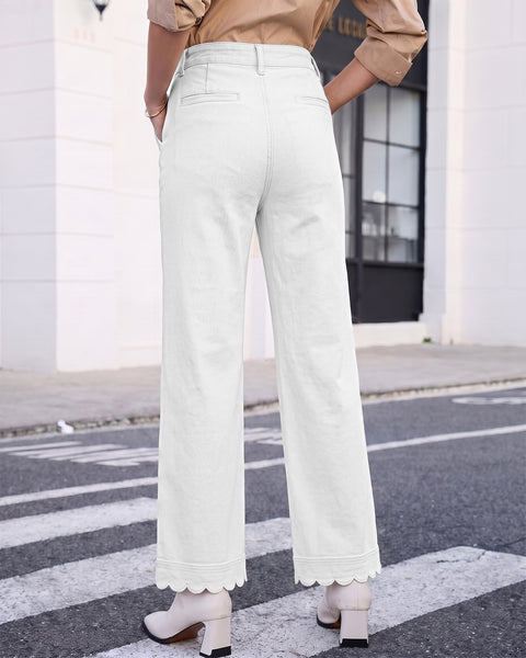GRAPENT Jeans for Women Scalloped Straight Leg Ankle Stretchy Denim Pants | Straight Wide Leg Jeans, High Waisted, 27.5" Inseam, Patched Pockets, Cute Scalloped Design, Work Office, Dressy Casual Wear