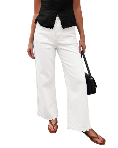 GRAPENT Jeans for Women Scalloped Straight Leg Ankle Stretchy Denim Pants | Straight Wide Leg Jeans, High Waisted, 27.5" Inseam, Patched Pockets, Cute Scalloped Design, Work Office, Dressy Casual Wear
