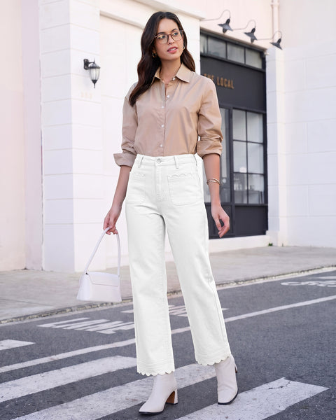 GRAPENT Jeans for Women Scalloped Straight Leg Ankle Stretchy Denim Pants | Straight Wide Leg Jeans, High Waisted, 27.5" Inseam, Patched Pockets, Cute Scalloped Design, Work Office, Dressy Casual Wear