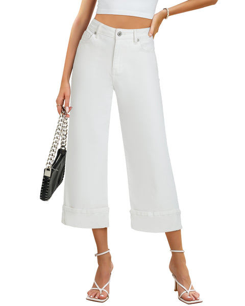 GRAPENT Wide Leg Jeans for Women High Waisted Stretchy Denim Capri Pants Fold Hem Cropped Baggy Capris Jeans with Pocket