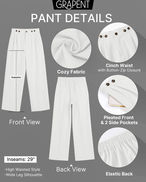 GRAPENT Business Casual Pants for Women Wide Leg Elastic Waist Work Trouser | Straight Wide Leg Dressy Casual Pants, High Waisted, Elastic Back Waist, Front Pleated, Cinched Waist, Work Office Outfits
