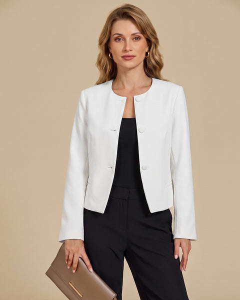 GRAPENT Cropped Blazers for Women Business Casual Collarless Blazer Jackets Collarless Round Neck, Long Sleeve, Crop Length, Shoulder Pads, Button-Front, Casual Suit Jacket, Dressy Casual, Work Office