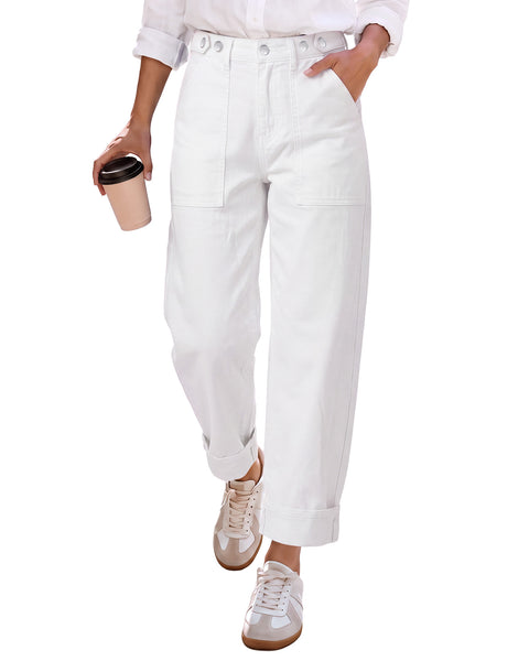 GRAPENT Barrel Jeans Women Cinched High Waisted Cuffed Stretchy Denim Pants Cropped Baggy Wide Leg Jeans, 27 Inch Inseam, Adjustable Cinched Waist, Big Pockets, Work Office Outfits, Casual Daily Wear