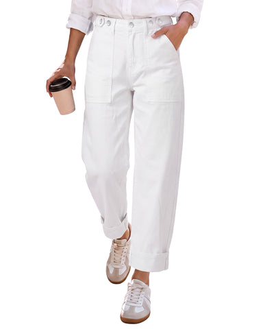 GRAPENT Barrel Jeans Women Cinched High Waisted Cuffed Stretchy Denim Pants Cropped Baggy Wide Leg Jeans, 27 Inch Inseam, Adjustable Cinched Waist, Big Pockets, Work Office Outfits, Casual Daily Wear