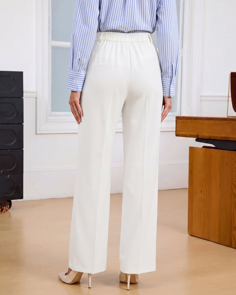 GRAPENT Business Casual Pants for Women Wide Leg Elastic Waist Work Trouser | Straight Wide Leg Dressy Casual Pants, High Waisted, Elastic Back Waist, Front Pleated, Cinched Waist, Work Office Outfits