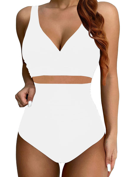 GRAPENT High Waisted Bikini Sets for Women Twist Front Tie Back 2 Piece Bathing Suit V Neck Ruched Swimsuits Bikinis