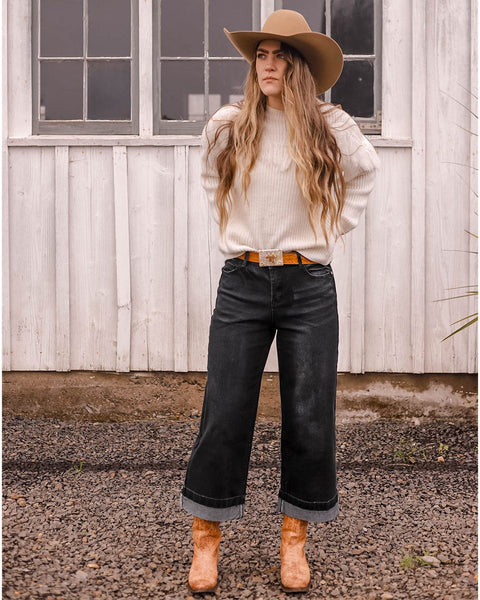 GRAPENT Wide Leg Jeans for Women High Waisted Stretchy Denim Capri Pants Fold Hem Cropped Baggy Capris Jeans with Pocket