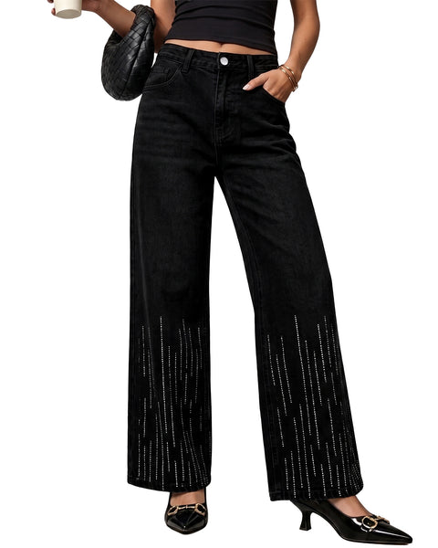 GRAPENT Rhinestone Jeans for Women High Waist Wide Leg Sparkly Denim Pants Womens Jeans Stretchy, High Rise Fit, Full Length, 29.5" Inseam, Embellished Rhinestone, Country Concert, Dressy Casual Wear