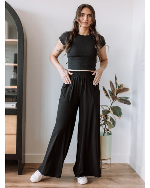 GRAPENT Wide Leg Pants for Women High Wasited Baggy Palazzo Pants Casual Pull On Bell Bottom Smocked Elastic Waist Pants