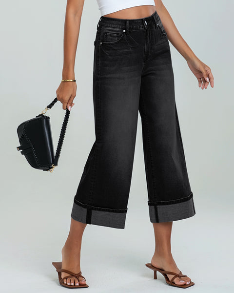 GRAPENT Wide Leg Jeans for Women High Waisted Stretchy Denim Capri Pants Fold Hem Cropped Baggy Capris Jeans with Pocket