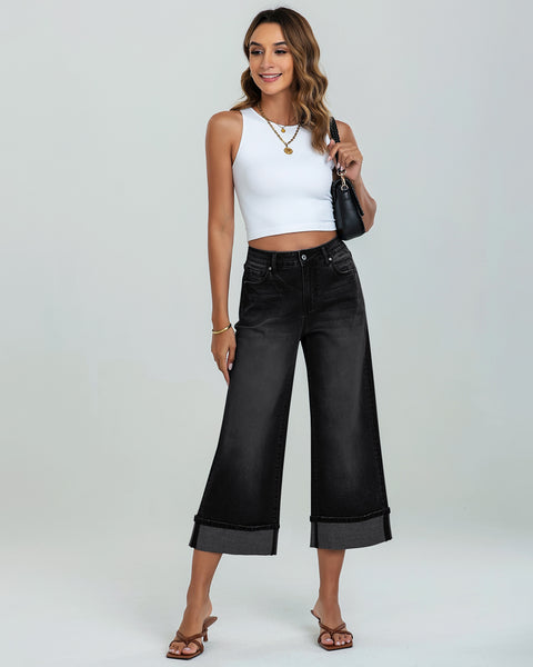 GRAPENT Wide Leg Jeans for Women High Waisted Stretchy Denim Capri Pants Fold Hem Cropped Baggy Capris Jeans with Pocket