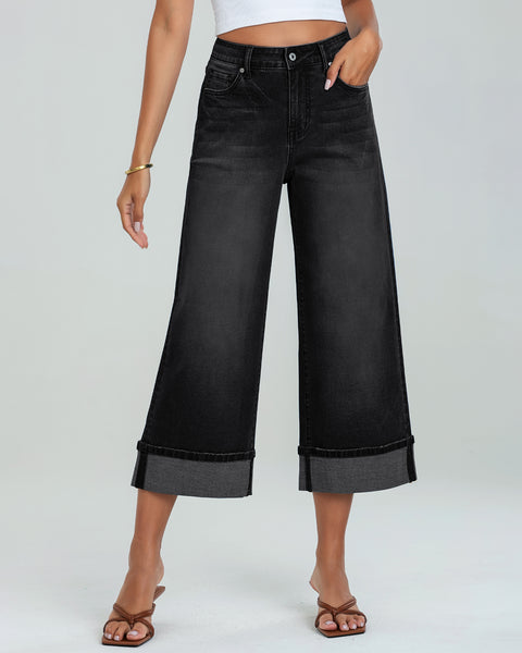 GRAPENT Wide Leg Jeans for Women High Waisted Stretchy Denim Capri Pants Fold Hem Cropped Baggy Capris Jeans with Pocket