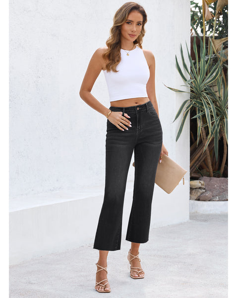 GRAPENT Women's High Waisted Flared Cropped Jeans Raw Hem Denim Pants