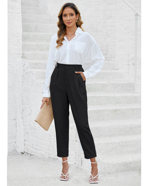 Elastic Back Waist High Waisted Straight Leg Cropped Pants