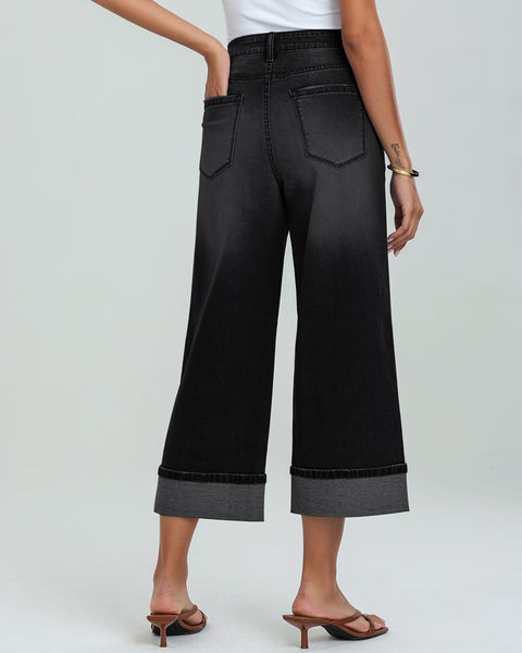 GRAPENT Wide Leg Jeans for Women High Waisted Stretchy Denim Capri Pants Fold Hem Cropped Baggy Capris Jeans with Pocket