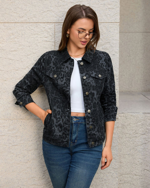 GRAPENT Leopard Cheetah Print Jean Jacket Women Casual Denim Trucker Jacket Stretchy Denim Jacket, Animal Print, Button Down, Long Sleeve, Side Pockets, Western Outfit, Fall Outfits for Women