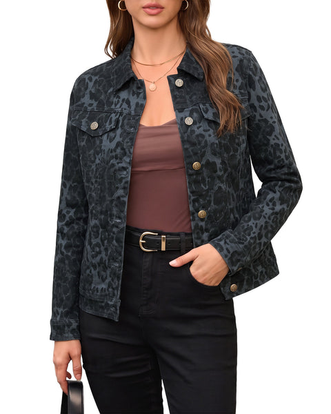GRAPENT Leopard Cheetah Print Jean Jacket Women Casual Denim Trucker Jacket Stretchy Denim Jacket, Animal Print, Button Down, Long Sleeve, Side Pockets, Western Outfit, Fall Outfits for Women