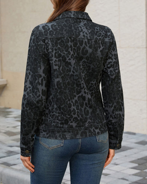 GRAPENT Leopard Cheetah Print Jean Jacket Women Casual Denim Trucker Jacket Stretchy Denim Jacket, Animal Print, Button Down, Long Sleeve, Side Pockets, Western Outfit, Fall Outfits for Women