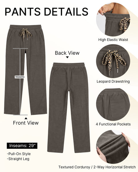 GRAPENT Corduroy Pants Women Straight Leg Leopard Print Drawstring Trousers High Waisted Fit, Elastic Waist with Cheetah Print Drawstring, Easy Pull On Style, Casual Work Pants, Fall Winter Outfits