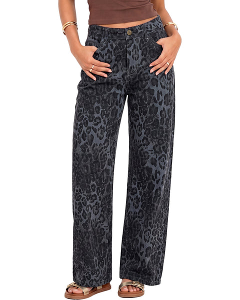 GRAPENT Womens Wide Leg Jeans High Waist Cheetah Print Baggy Leopard Pants | Baggy Wide Leg Cut, Classic Leopard Print, High Rise, 29.5 Inch Inseam, Stretchy Denim Pants, Loose Fit, Western Chic Outfits