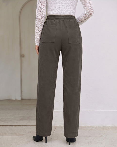 GRAPENT Corduroy Pants Women Straight Leg Leopard Print Drawstring Trousers High Waisted Fit, Elastic Waist with Cheetah Print Drawstring, Easy Pull On Style, Casual Work Pants, Fall Winter Outfits