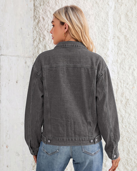 GRAPENT Jean Jacket Women Trendy Button Up Classic Oversized Denim Jackets Loose Fit, Side Seam Tabs for Adjustable Fit, Functional Pockets, Denim Trucker Jackets, Work Casual Oufits, Weekend Outings