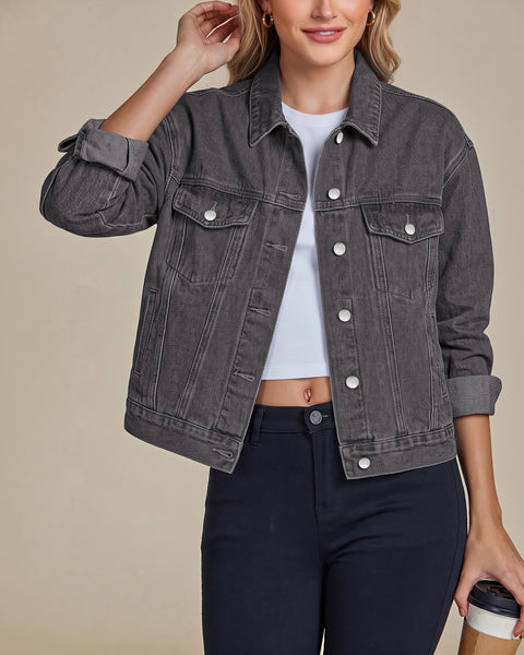 GRAPENT Jean Jacket Women Trendy Button Up Classic Oversized Denim Jackets Loose Fit, Side Seam Tabs for Adjustable Fit, Functional Pockets, Denim Trucker Jackets, Work Casual Oufits, Weekend Outings