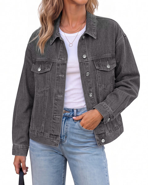 GRAPENT Jean Jacket Women Trendy Button Up Classic Oversized Denim Jackets Loose Fit, Side Seam Tabs for Adjustable Fit, Functional Pockets, Denim Trucker Jackets, Work Casual Oufits, Weekend Outings