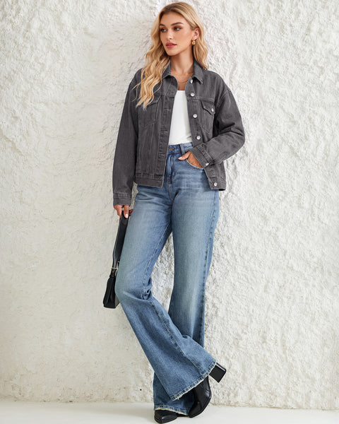 GRAPENT Jean Jacket Women Trendy Button Up Classic Oversized Denim Jackets Loose Fit, Side Seam Tabs for Adjustable Fit, Functional Pockets, Denim Trucker Jackets, Work Casual Oufits, Weekend Outings
