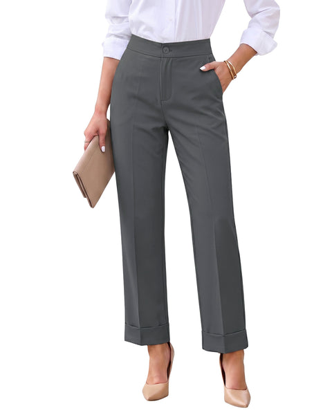 GRAPENT Dress Pants Women Ankle Straight Leg Business Casual Work Trousers Office Pants, Cuffed Hem, High Waisted, Elastic Back Waist, Stretchy Dressy Casual Slacks, Work Wear, Business Casual Outfits