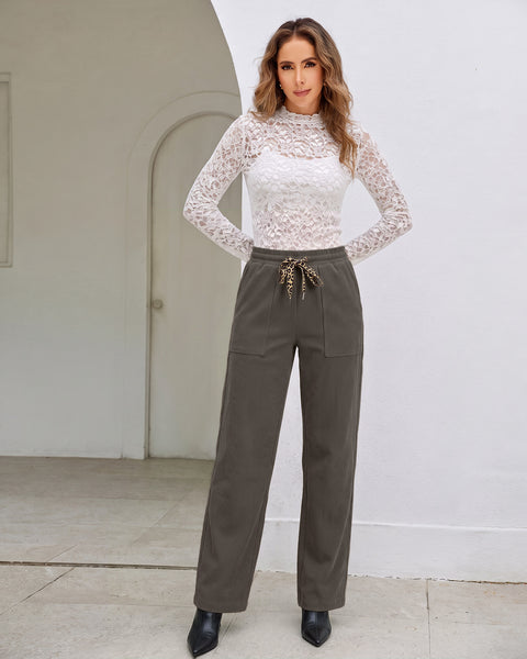 GRAPENT Corduroy Pants Women Straight Leg Leopard Print Drawstring Trousers High Waisted Fit, Elastic Waist with Cheetah Print Drawstring, Easy Pull On Style, Casual Work Pants, Fall Winter Outfits