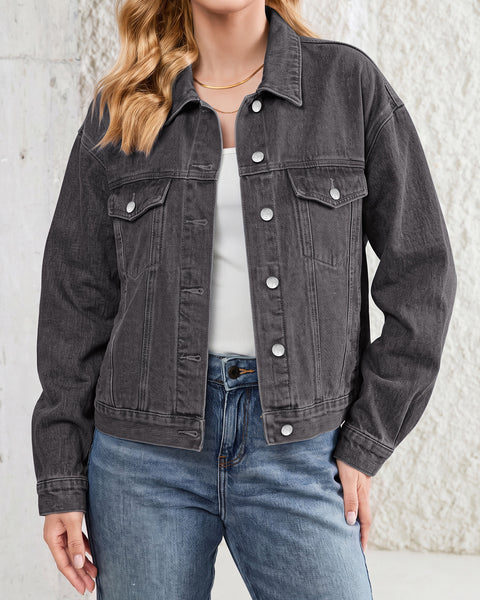 GRAPENT Jean Jacket Women Trendy Button Up Classic Oversized Denim Jackets Loose Fit, Side Seam Tabs for Adjustable Fit, Functional Pockets, Denim Trucker Jackets, Work Casual Oufits, Weekend Outings