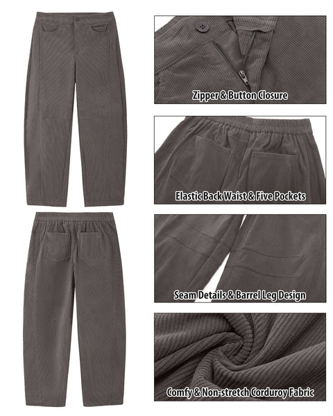 GRAPENT Corduroy Pants Women Barrel Elastic Waist Ankle Work Casual Trouser High Waisted Fit, Barrel Leg, Ankle Length, 27.5" Inseam, Functional Pockets, Fall Winter Pants, Dressy Casual Outfits