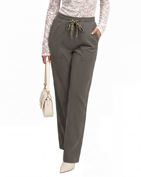GRAPENT Corduroy Pants Women Straight Leg Leopard Print Drawstring Trousers High Waisted Fit, Elastic Waist with Cheetah Print Drawstring, Easy Pull On Style, Casual Work Pants, Fall Winter Outfits
