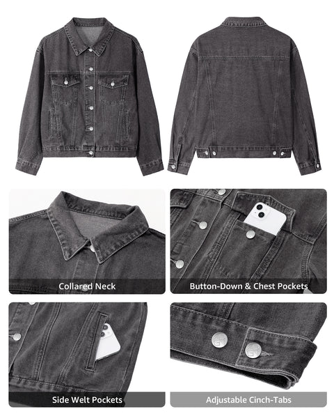 GRAPENT Jean Jacket Women Trendy Button Up Classic Oversized Denim Jackets Loose Fit, Side Seam Tabs for Adjustable Fit, Functional Pockets, Denim Trucker Jackets, Work Casual Oufits, Weekend Outings