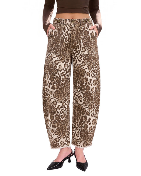 GRAPENT Leopard Barrel Jeans Women High Rise Frayed Hem Cheetah Print Pants | Adjustable Cinched Waist, Ankle Length, 28" Inseam, High Waisted, Leopard Print, Country Concert Outfits, Casual Work Wear