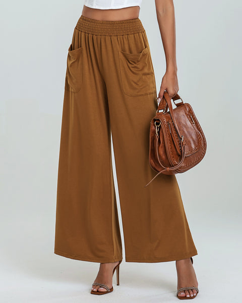 GRAPENT Wide Leg Pants for Women High Wasited Baggy Palazzo Pants Casual Pull On Bell Bottom Smocked Elastic Waist Pants