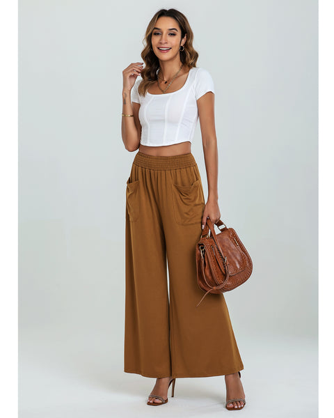 GRAPENT Wide Leg Pants for Women High Wasited Baggy Palazzo Pants Casual Pull On Bell Bottom Smocked Elastic Waist Pants