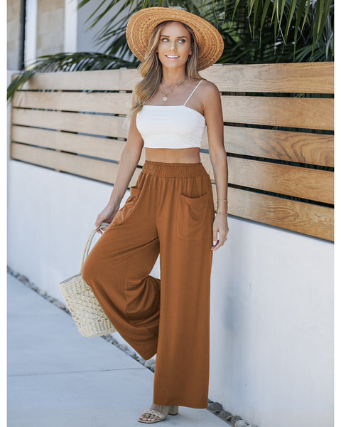 GRAPENT Wide Leg Pants for Women High Wasited Baggy Palazzo Pants Casual Pull On Bell Bottom Smocked Elastic Waist Pants