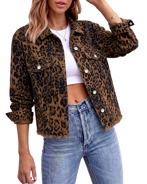 GRAPENT Leopard Jean Jacket Women Cheetah Print Stretchy Frayed Hem Jackets Long Sleeve, Turn-Down Collar, Button Up Denim Jackets, Animal Print, Raw Hem, Four Pockets, Casual Daily Wear, Fall Outfits
