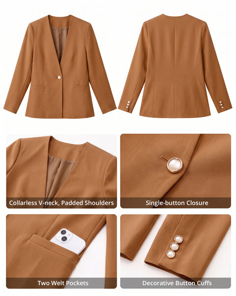 GRAPENT Blazers for Women Dressy Casual Collarless Long Sleeves Suit Jacket Blazers for Women Business Casual, Fully Lined, Shoulder Pads, Single Button, Two Pockets, Work Casual Wear, Interview Outfit