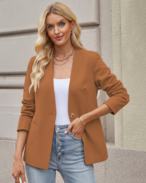 GRAPENT Blazers for Women Dressy Casual Collarless Long Sleeves Suit Jacket Blazers for Women Business Casual, Fully Lined, Shoulder Pads, Single Button, Two Pockets, Work Casual Wear, Interview Outfit