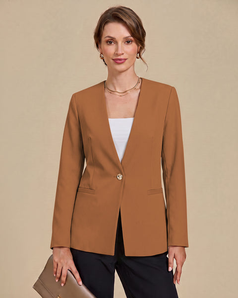 GRAPENT Blazers for Women Dressy Casual Collarless Long Sleeves Suit Jacket Blazers for Women Business Casual, Fully Lined, Shoulder Pads, Single Button, Two Pockets, Work Casual Wear, Interview Outfit
