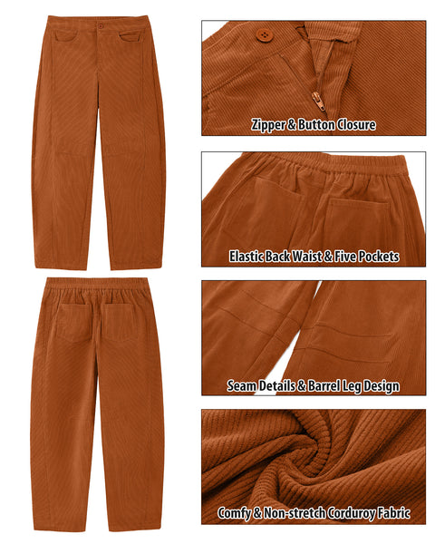 GRAPENT Corduroy Pants Women Barrel Elastic Waist Ankle Work Casual Trouser High Waisted Fit, Barrel Leg, Ankle Length, 27.5" Inseam, Functional Pockets, Fall Winter Pants, Dressy Casual Outfits