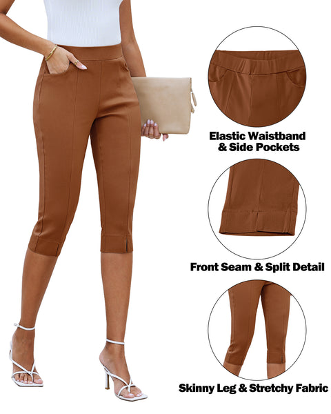 GRAPENT Capri Pants for Women High Waisted Pull On Elastic Waist Dressy Casual Stretchy Capris Trousers Pants Pockets