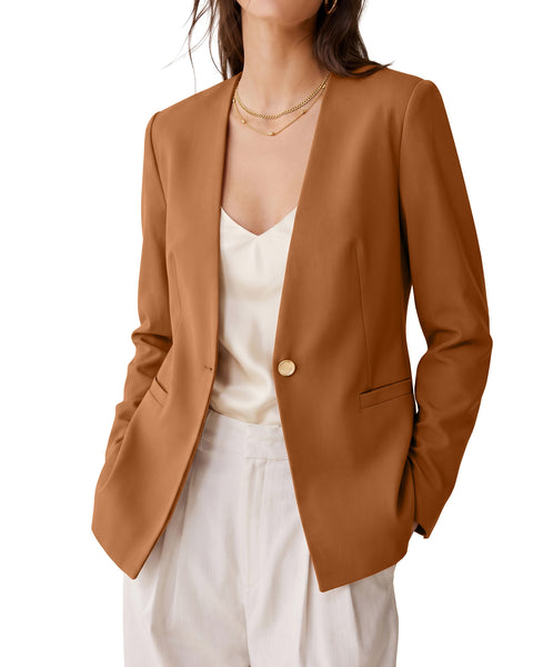GRAPENT Blazers for Women Dressy Casual Collarless Long Sleeves Suit Jacket Blazers for Women Business Casual, Fully Lined, Shoulder Pads, Single Button, Two Pockets, Work Casual Wear, Interview Outfit