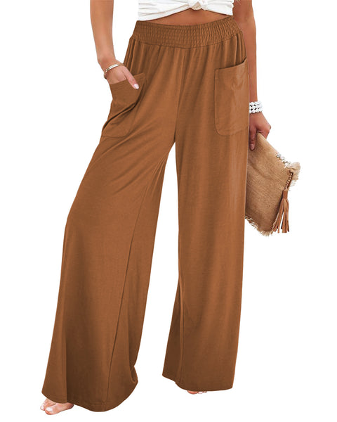 GRAPENT Wide Leg Pants for Women High Wasited Baggy Palazzo Pants Casual Pull On Bell Bottom Smocked Elastic Waist Pants