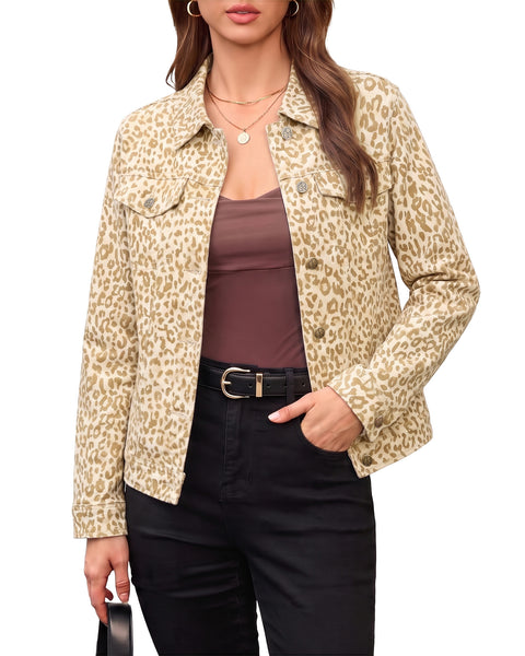 GRAPENT Leopard Cheetah Print Jean Jacket Women Casual Denim Trucker Jacket Stretchy Denim Jacket, Animal Print, Button Down, Long Sleeve, Side Pockets, Western Outfit, Fall Outfits for Women